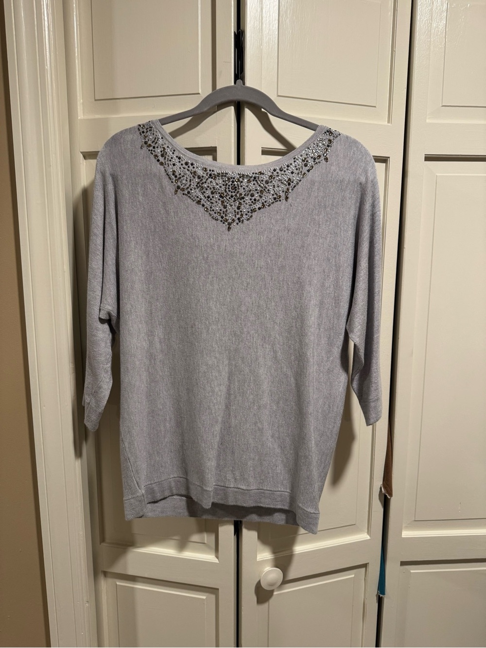 White House Black Market Light Gray Beaded Scoop Neck Sweater
